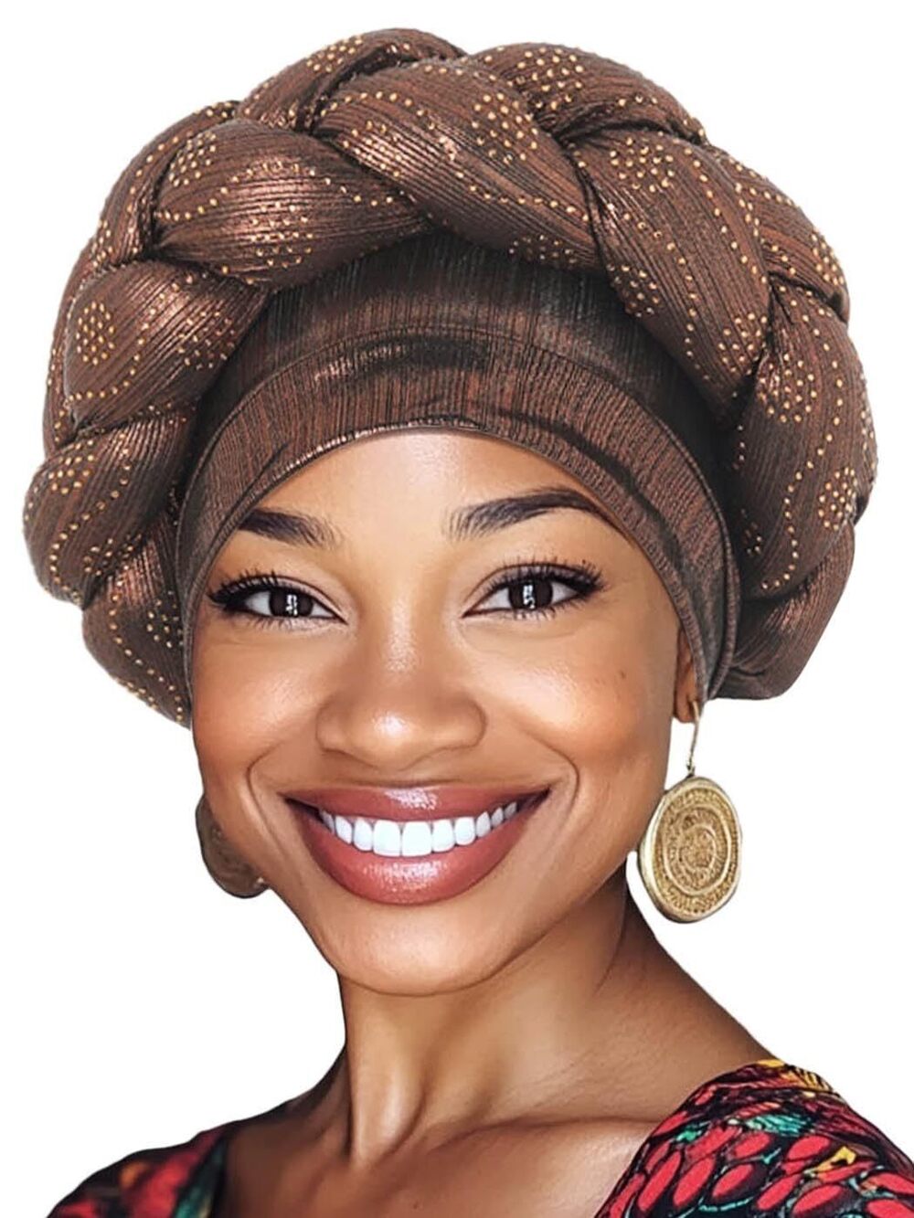 9016 African Turban Head Wrap Brown Braid Beanie Cap Headwear Crystals